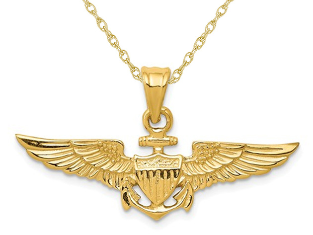 Large US Naval Aviator Badge Pendant Necklace in 14K Yellow Gold with Chainin