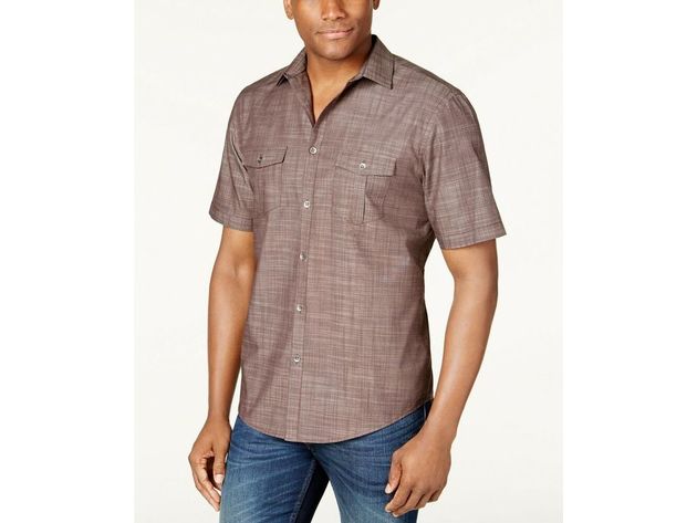 Alfani Men's Warren Textured Short Sleeve Shirt Brown Size Large