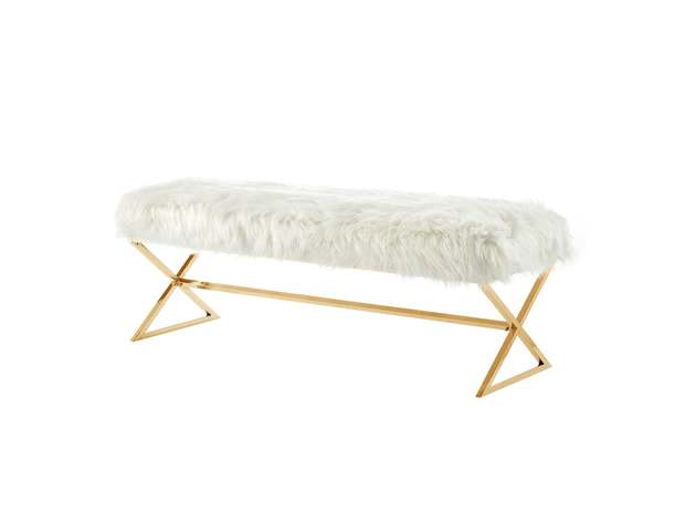 Aurora Faux Fur X-Leg Bench Gold White | KSAT