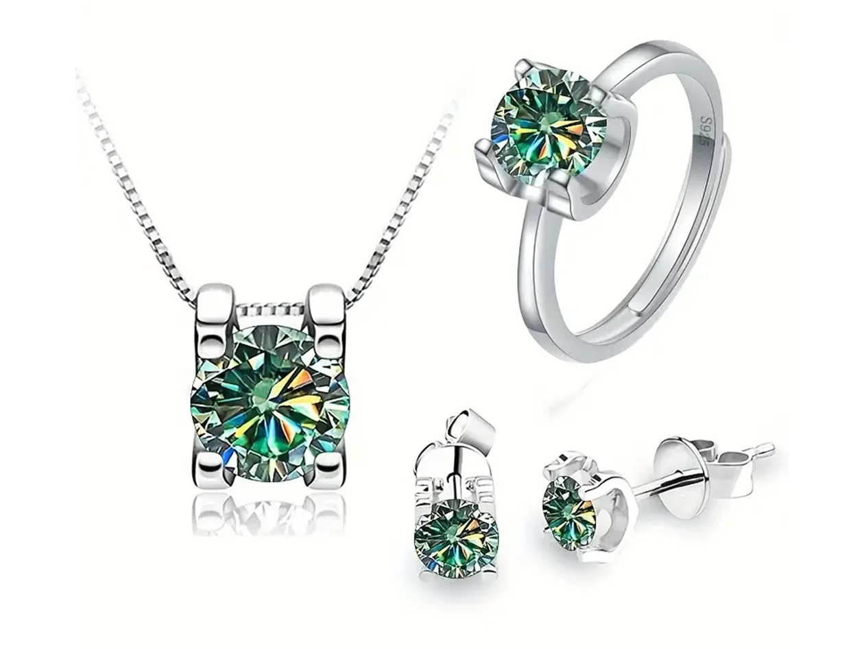 4-Piece Minimalist Moissanite Jewelry Gift Set with Adjustable Ring (Blue Green)