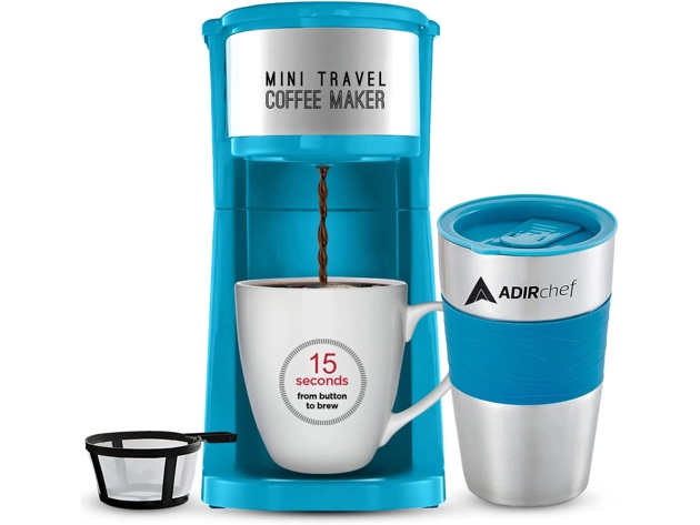 AdirChef Mini Travel Single Serve Coffee Maker & 15oz Travel Tumbler (Blue)