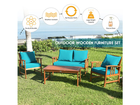 Costway 4 Piece Wooden Patio Furniture Set Table Sofa Chair Cushioned Garden Teak Turquoise Stacksocial Costway 4 Piece Wooden Patio Furniture, Turquoise Outdoor Furniture