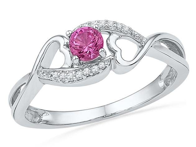 Ladies Lab Created Pink Sapphire 1/10 Carat (ctw) Heart Promise Ring in Sterling Silver - 7