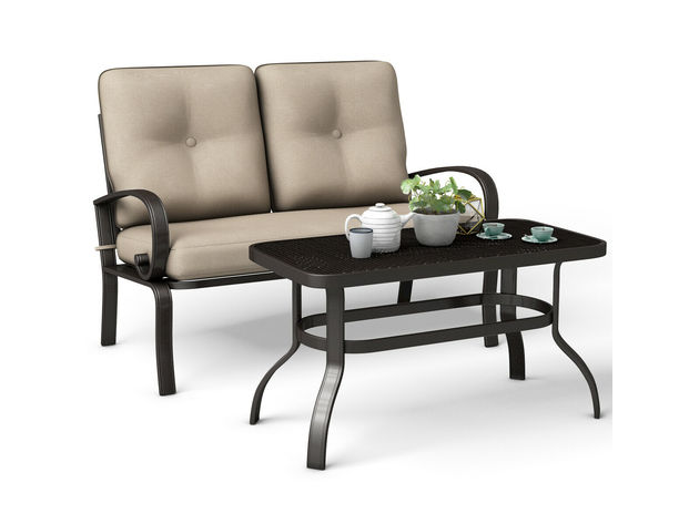 Costway 2 Piece Patio LoveSeat Coffee Table Set Furniture Bench With Cushion 