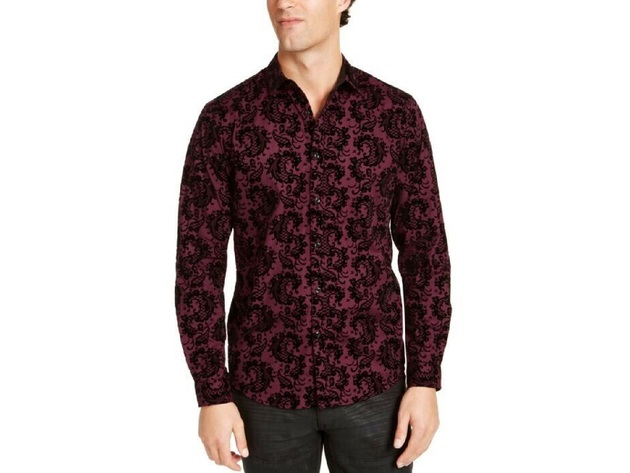 INC International Concepts Men's Flocked Paisley Shirt Wine Size Small