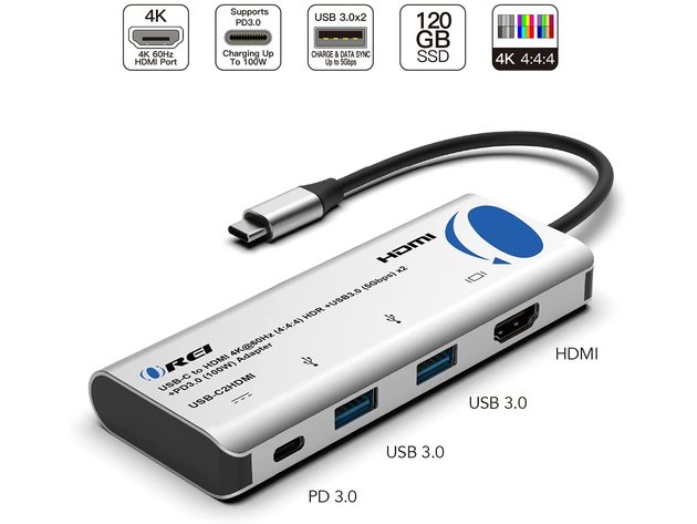 HDMI-C to HDMI Hub 4K@60Hz Adapter 4:4:4 8-bit HDR + USB 3.0 x 2 + Power Pass Through USB-C PD 3.0 (100W) - Thunderbolt 3, Laptop, PC, Monitor Extend Display