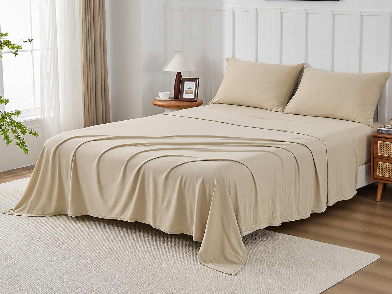 Kathy Ireland 4 Piece Heathered Jersey Knit Cotton Sheet Set (Queen/Oatmeal)