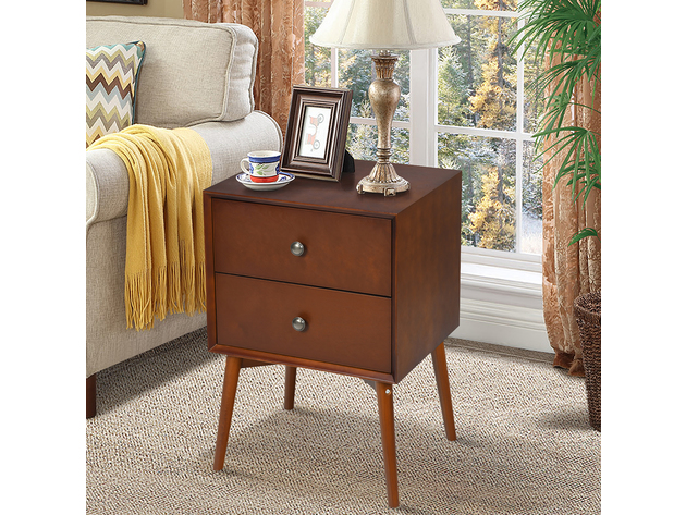 Costway 2PCS Nightstand Mid-Century End Side Table 2 Drawer Rubber Wood Legs Living Room - Brown