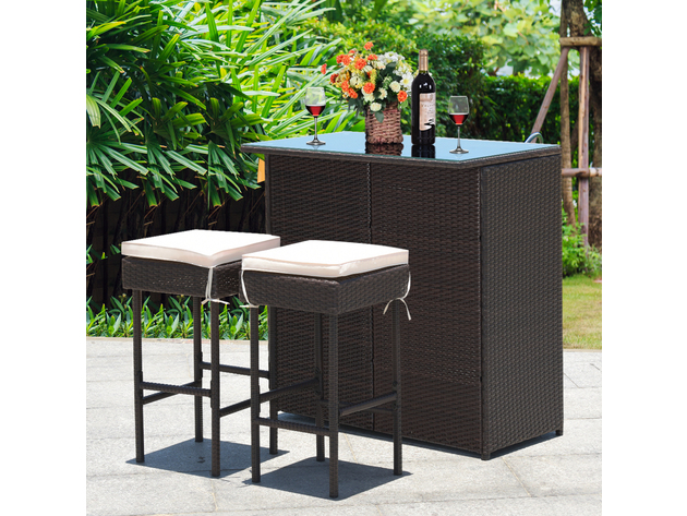 Costway 3 Piece Patio Rattan Wicker Bar Table Stools Dining Set Cushioned Chairs Garden - Beige