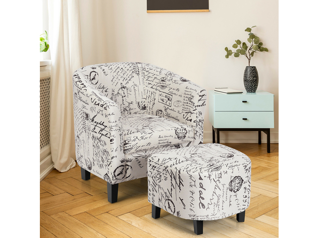 Costway Barrel Accent Chair Tub Chair Linen Fabric Upholstered w/Ottoman Modern - Beige