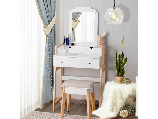 Costway Makeup Vanity Table Dressing table Cushioned Stool Set - White and Natural