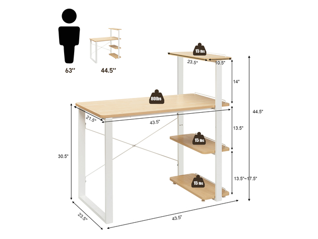 Costway Reversible Computer Desk Study Table Home Office w/Adjustable Bookshelf Natural