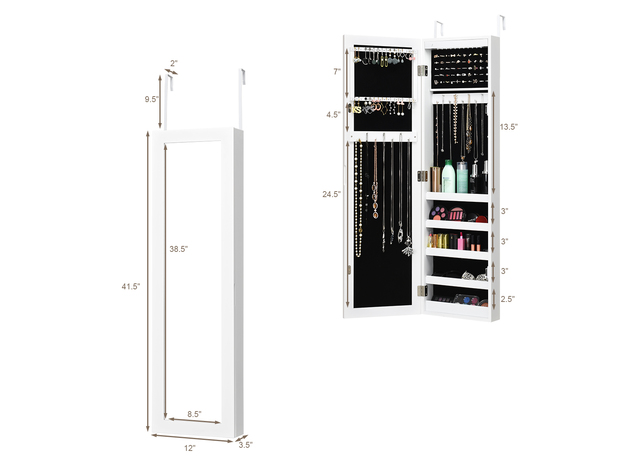 Costway Wall Door Mounted Mirrored Jewelry Cabinet Organizer Storage LED Light White 