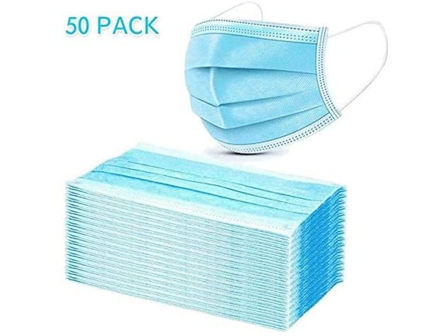 Disposable Face Mask - Pack of 50 3-Ply Breathable face Masks, Adult - Blue