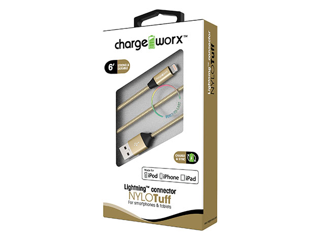 Chargeworx™ NYLOTuff 6Ft MFi Lightning Cable (Gold/2-Pack)