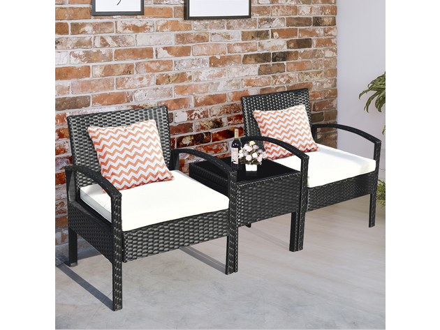 Costway 3 Piece Patio Rattan Furniture Set Table & Chairs Set with Seat Cushions Garden - Black
