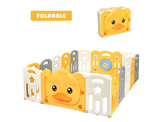 Costway 16-Panel Foldable Baby Playpen Kids Yellow Duck Yard Activity Center w/  Sound - Yellow + White