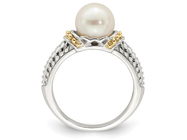 8-9mm Cultured Freshwater Pearl Ring in Sterling Silver with 14K Gold ...