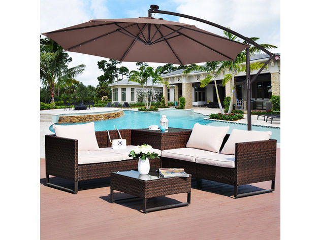 Costway 10' Hanging Solar LED Umbrella Patio Sun Shade Offset Market W/Base Tan