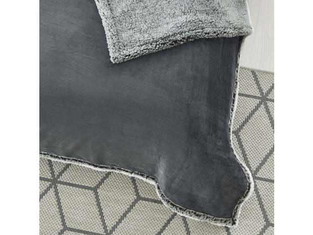 Zakary Flannel Reversible Heathered Sherpa Throw Blanket (60"x80"/Dark Grey)
