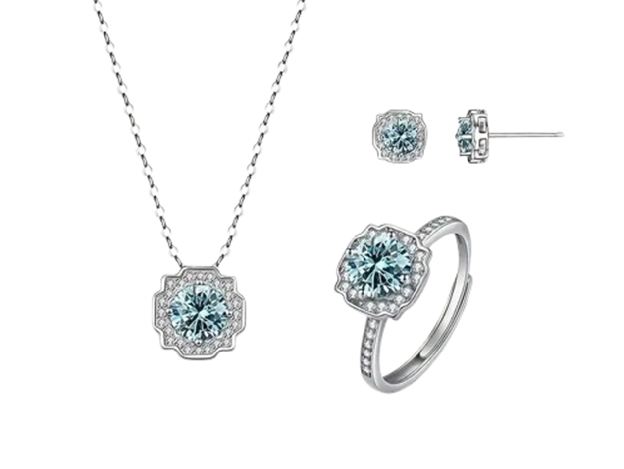 4-Piece Elegant Moissanite Jewelry Gift Set with Adjustable Ring (Light Blue)