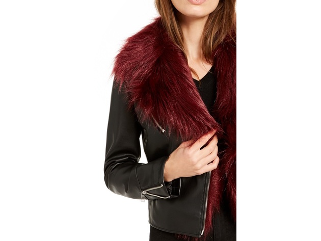 Bar III Women's Faux-Fur-Trim Moto Jacket Black Size Small