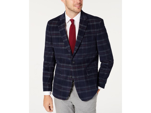 Tommy Hilfiger Men's Modern-Fit THFlex Stretch Navy/Red Plaid Corduroy Sport Coat Navy Size 46REG