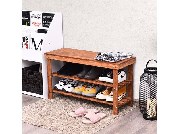 Costway 3-Tier Bamboo Shoe Bench Storage Rack Organizer W/ Stool Entryway Home Hallway - Carbonized Color