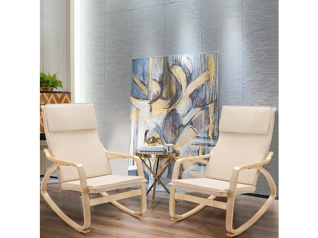 Costway Set of 2 Bentwood Rocking Chair Relax Rocker Lounge Chair w/Fabric Cushion - Beige