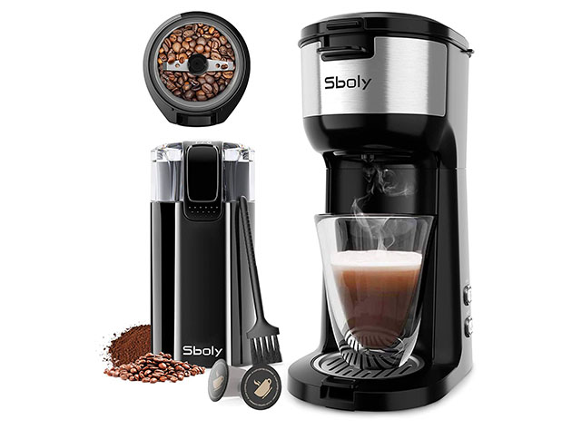 Sboly Single-Serve Coffee Maker for K-Cups/Ground Coffee with Grinder Bundle