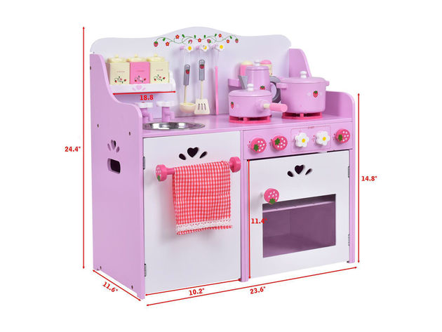 Costway Kids Wooden Play Set Kitchen Toy Strawberry Pretend Cooking Playset Toddler - Pink&White