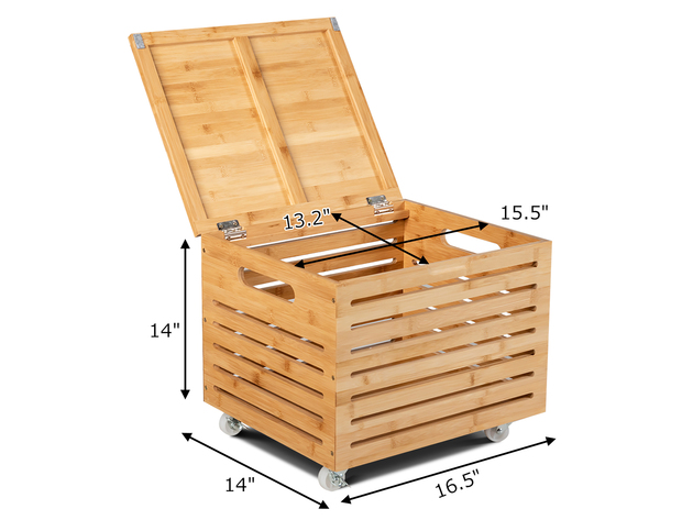 Costway Bamboo Rolling Storage Organizer Box Wood Storage Office Box