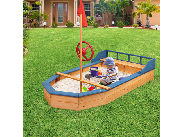 Costway Kids Pirate Boat Wood Sandbox w/ Bench Seat & Flag Pirate Sandboat for Bench