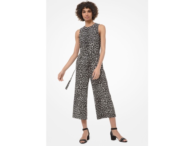 Michael Kors Women's Cropped Belted Animal-Print Jumpsuit Grey Size 4