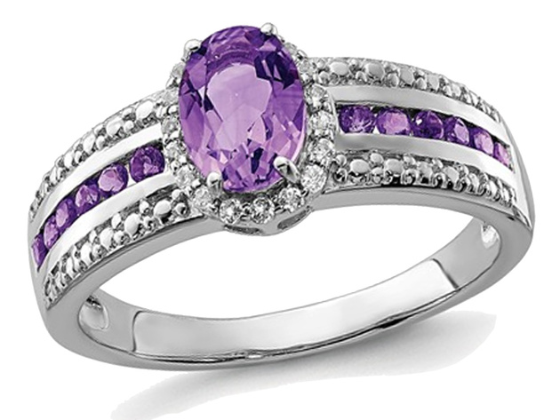 3/4 Carat (ctw) Natural Amethyst Ring with Synthetic White Topaz 1/4 Carat (ctw) in Sterling Silver - 7