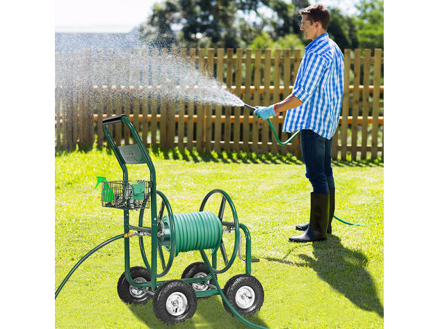 Garden Rolling Cart Heavy Duty With Steel Water Hose Holder With Basket - Green