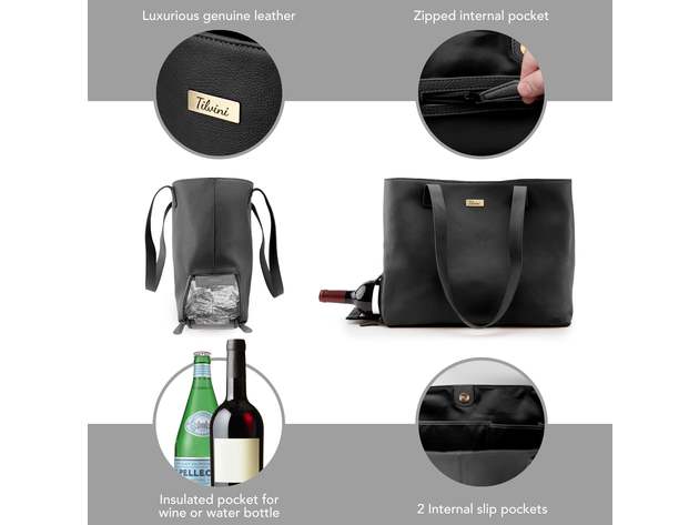 Black Genuine Leather Tote with Insulated Lunch Bag Pocket / Wine Carrier. Wine Purses For Women Who Have Everything