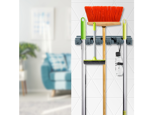 Costway Mop Broom Holder Garden Tool Rack Organizer 5 Positions w/6 Hooks Wall Mounted - Dark Grey