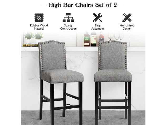 Costway Set of 2 Bar Stools 30'' Upholstered Kitchen Chairs - Gray