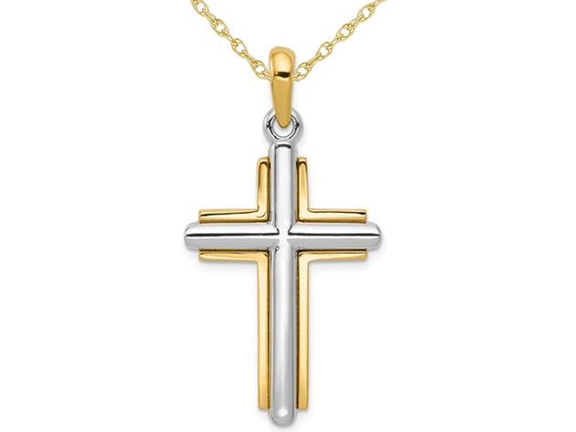 14K Yellow and White Gold Cross Pendant Necklace with Chain