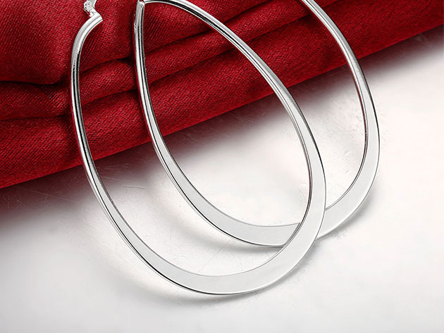 2.7" Flat Oval Hoop Earrings (Silver)