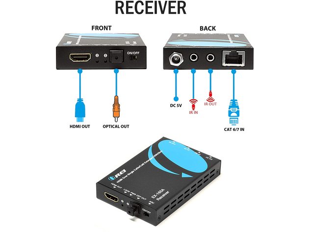 HDMI Extender Over CAT5/CAT6 by OREI Balun with ARC Audio Optical IR up to 164 Feet - Loop Out - 1080P Full HD Signal Distribution (EX-165A)