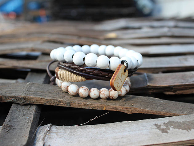 White & Brown Leather Bracelets: 3-Pack