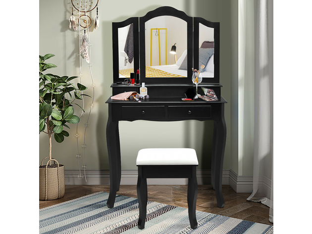 Costway Vanity Makeup Dressing Table Set W/Stool 4 Drawer&Mirror Jewelry Wood Desk Black