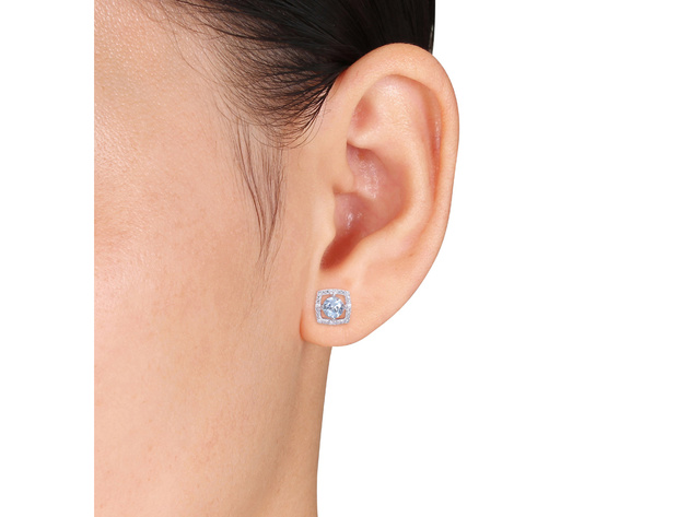 1.00 Carat (ctw) Blue Topaz Solitaire Halo Earrings in 10K White Gold with Diamonds