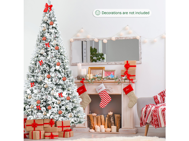 Costway 8ft Snow Flocked Hinged Christmas Tree w/ Berries & Poinsettia Flowers - White