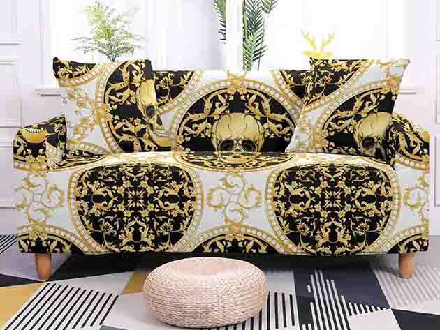 Elastic Sofa Cover for L.R. Mod Sectional Corner Sofa (Black/Gold, 3-Seater)
