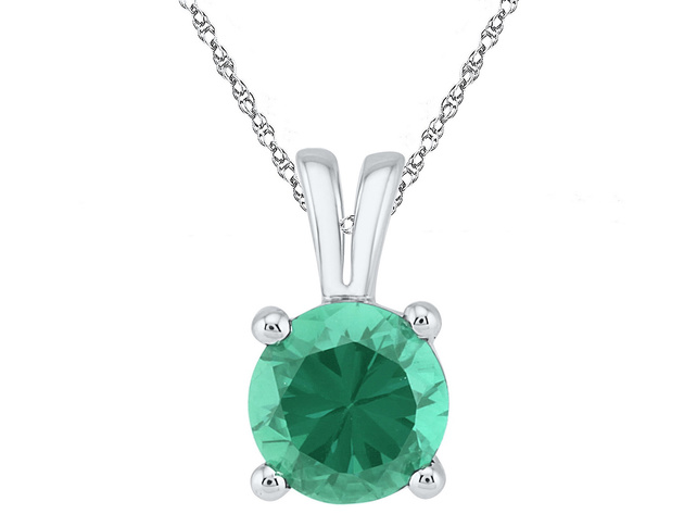 Lab Created Solitaire Green Emerald Pendant Necklace 1.30 Carat (ctw) in 10K White Gold with Chain
