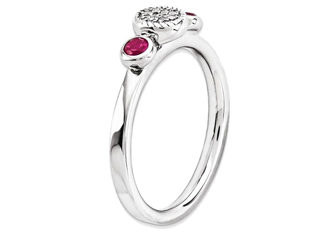 Lab Created Ruby Ring with Diamonds 1/3 Carat (ctw) in Sterling Silver - 10