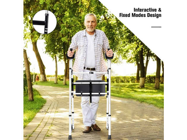 Costway Foldable Aluminum Alloy Walker Wheel Walking Frame W/ Seat & Armrest Pad - Silver